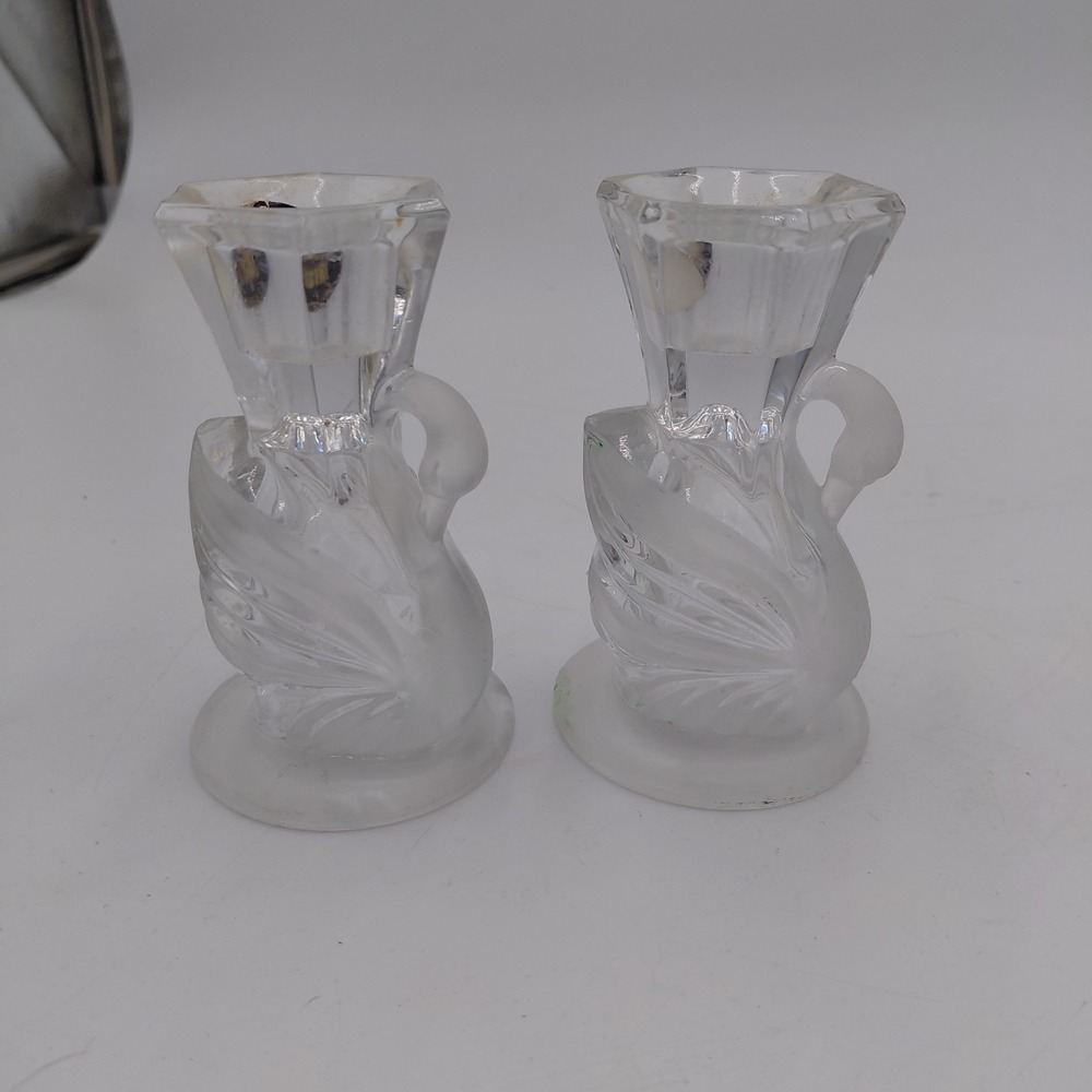 Crystal Swan Candle Holders Clear & Frosted Glass Set Of 2 24% Lead Victorian